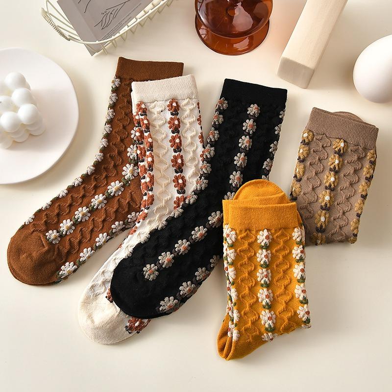 

5 пар осінньо-зимових жіночих шкарпеток із квітковою аплікацією, вінтажних теплих шкарпеток, товстих протиковзких м’яких високоеластичних шкарпеток