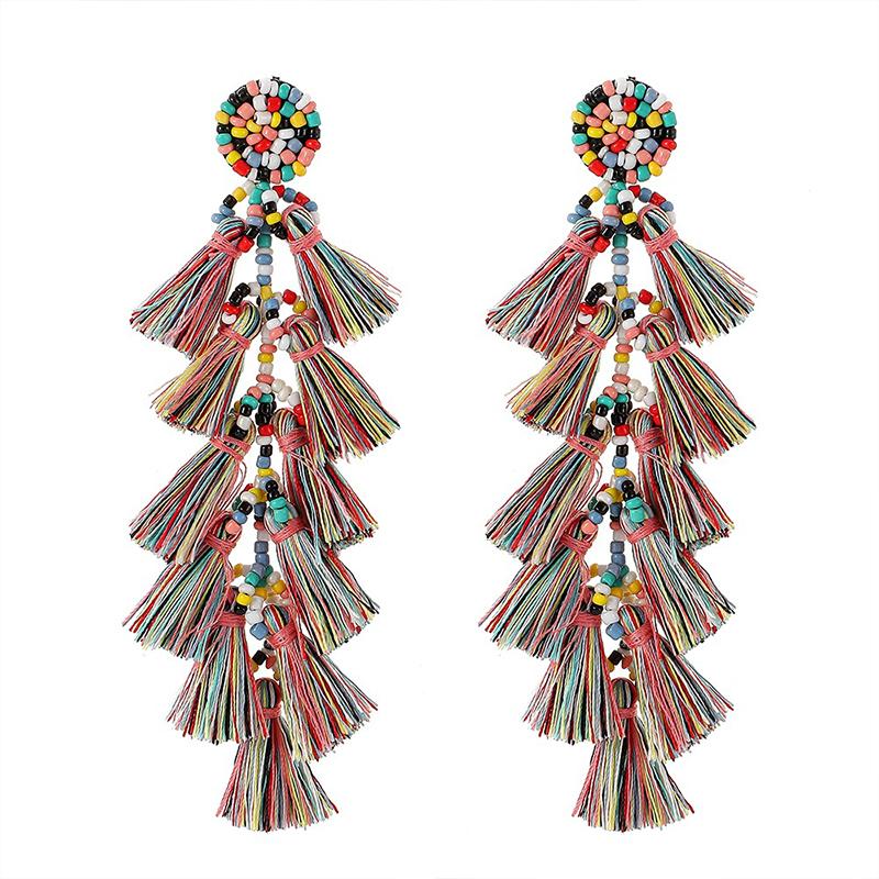 1 pár dárkových přívěskových náušnic s kuželovými barevnými střapci, přívěskové náušnice s lanovými náušnicemi, střapcový design