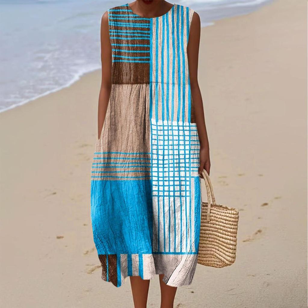 Summer European and American women's new sleeveless seaside vacation D printing dress