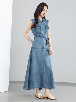 Vintage Charm Denim Vest & Skirt Set - Waist-Cinching Lace-Up, Sleeveless Lapel Top for Versatile Style