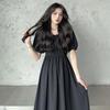 Summer Chic Waist-Cinching Slim Dress with Square Neck and Puff Sleeves