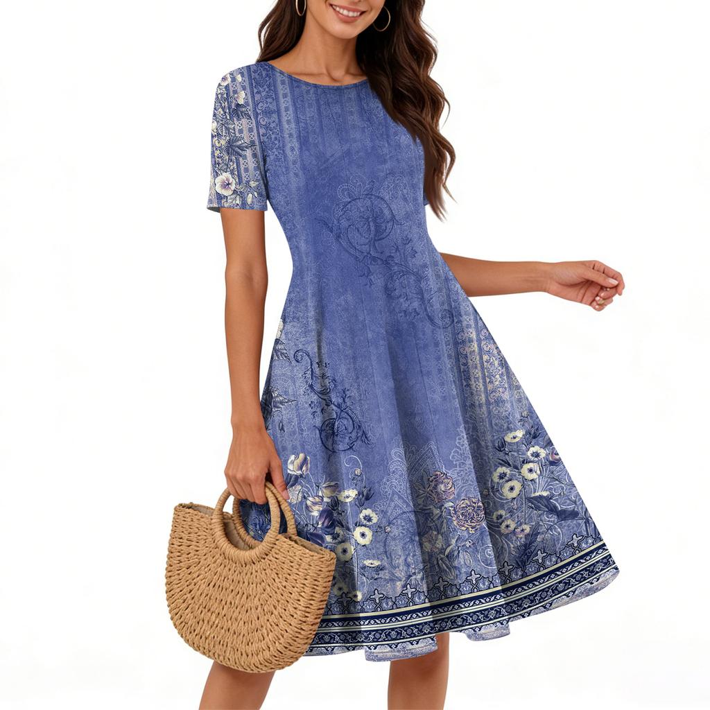 Women Casual Printed Round Neck Long Dress