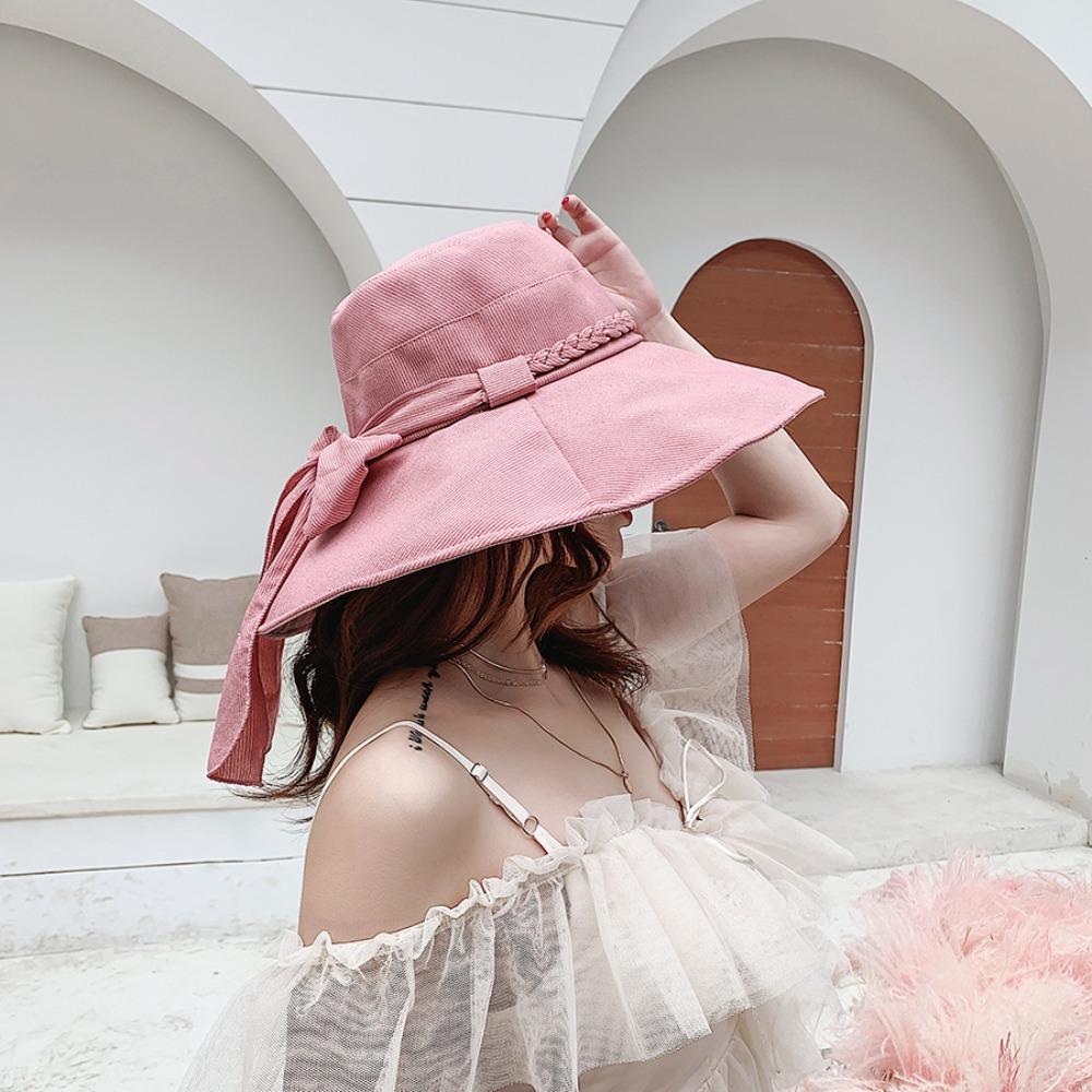 with Bowknot Bucket Hat Wide Brimmed Sunscreen Visor Cap Basin Hat Fishman Hat  Vacation