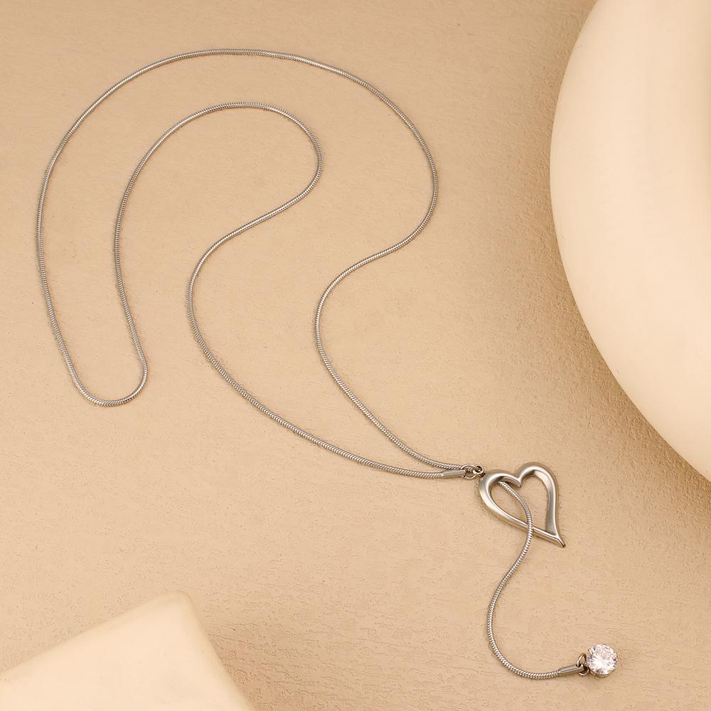 18K Gold Pearl Heart Pendant Zircon Y-Shaped Long Necklace, Double Layer Stackable Titanium Steel