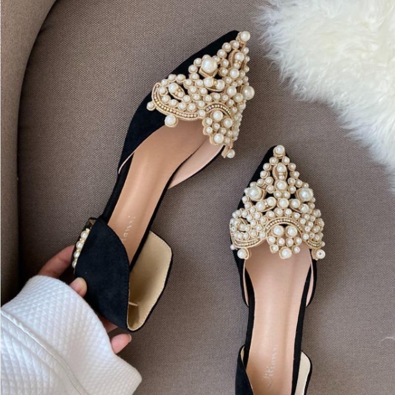 New Crown Pearl Flats Women Wedding Shoes Pointed Toe Female Dress Moccasins Low Pearl Heel Ladies Luxury Style 43