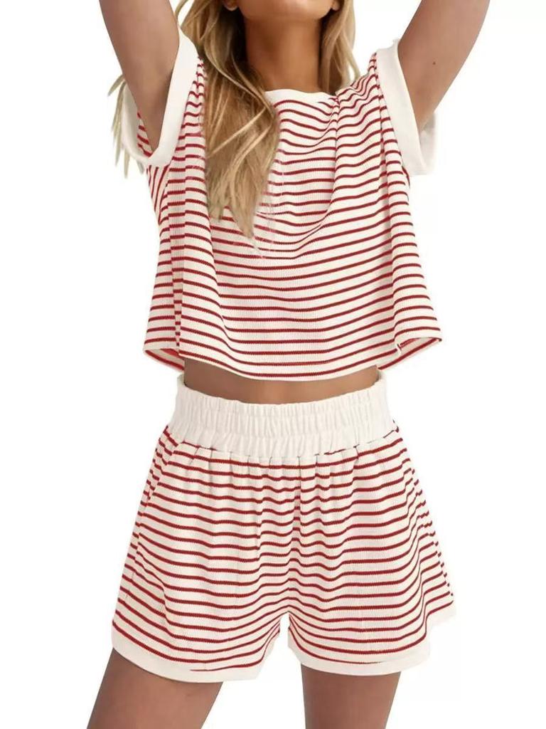 Women's Blue White Stripe Short Sleeve Crop Top and Shorts Set