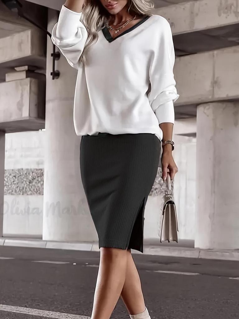 Women's Casual V-Neck Hoodie and Skirt Set