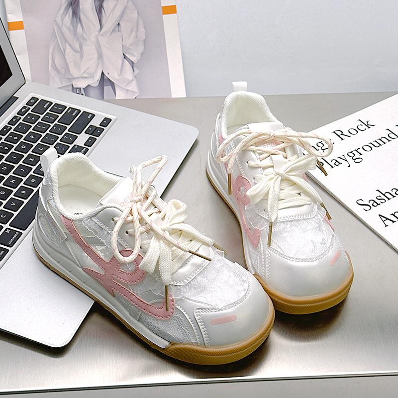 9 Spring and summer new mesh women's versatile breathable casual sports shoes floral dark pattern fashion white shoes