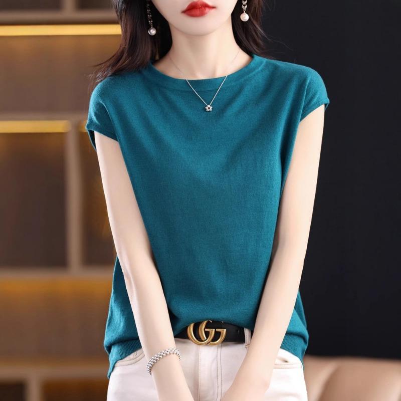 Knitted Sweater Short-sleeved T-shirtround-neck Summer Short Top New Loose Slimming Vest