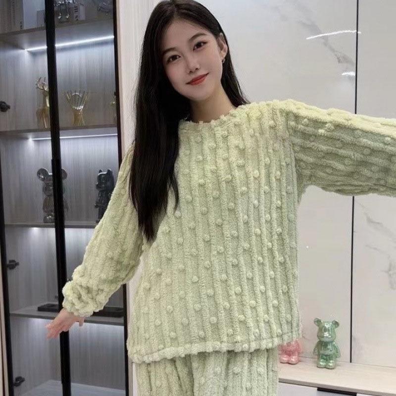 Women's Cute Cartoon Round Neck Flannel Pajamas - Warm Striped Coral Fleece Homewear Set for Autumn and Winter