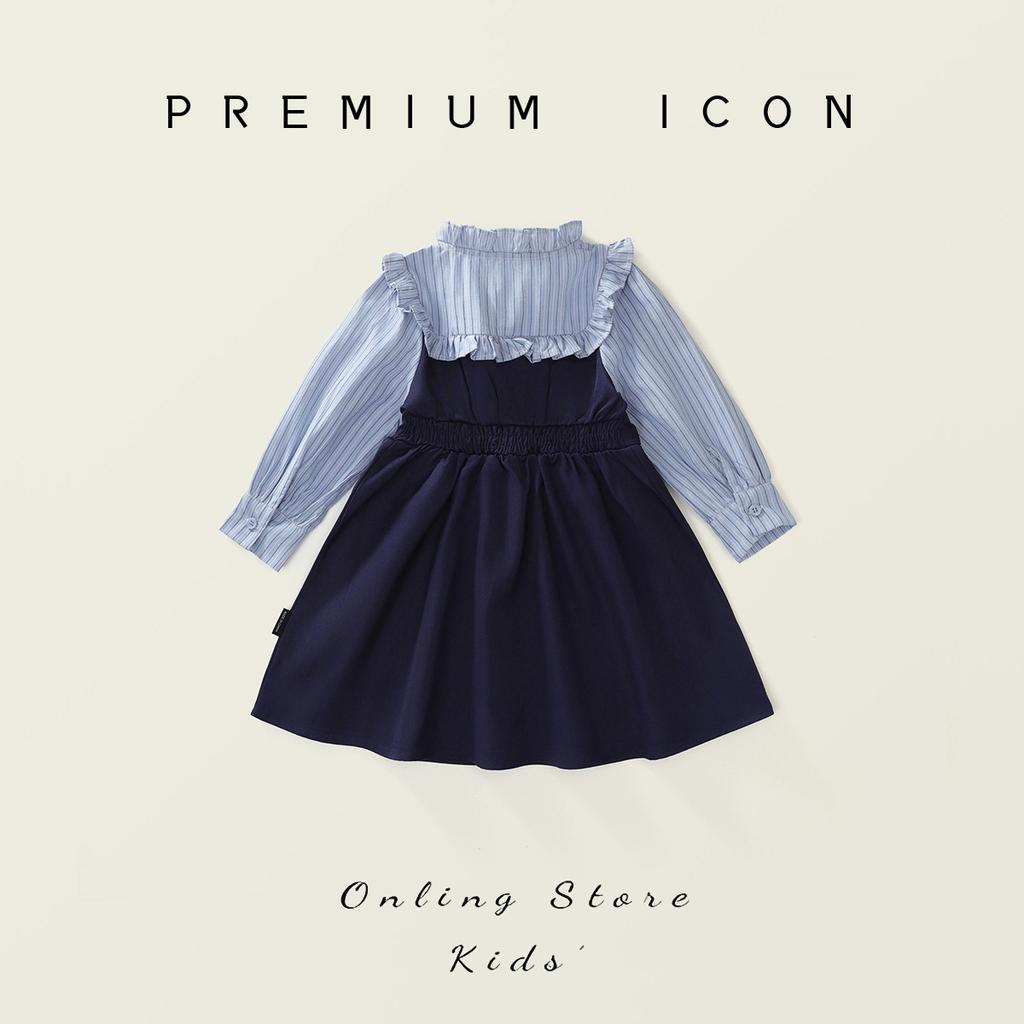 Girls' College Style Dress Autumn New Baby Girl Fake Two-Piece Korean Style Striped Color-Block Long Sleeve Dress