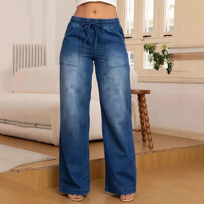

Standard Size Women s Clothing Elastic Waist Drawstring Jeans Straight Stretch Casual Loose XS темно-синього кольору