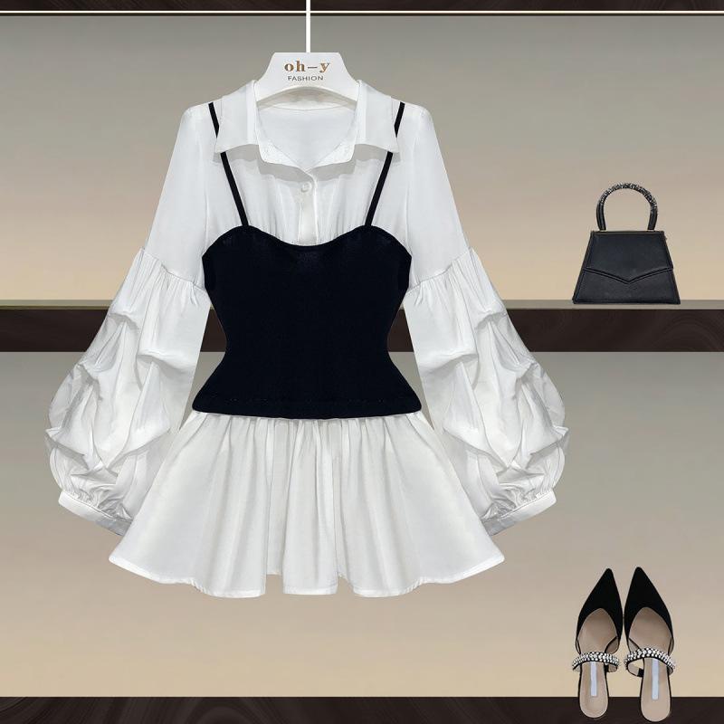 Lässiges und elegantes Taillen-Schlankheits-Laternenärmel-Spleiß-Fake-Zweiteiler-Hemd-Top mit Revers, passendes Patchwork-Hemd, Fake-Bluse