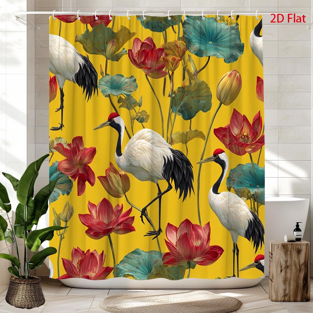 

2D Flat, 2D Flat, One Piece of a 2D Flat Shower Curtain Featuring a Yellow Crane And Lotus Flower Design, Made of Polyester Fa 90x180cm