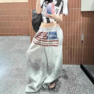 FlowStreet Y2K College Amerikanischer Hip-Hop Goth Print Kordelzug Weiter Bein Jogginghose Locker 90er High Street Sporthose Bodenlange Hose