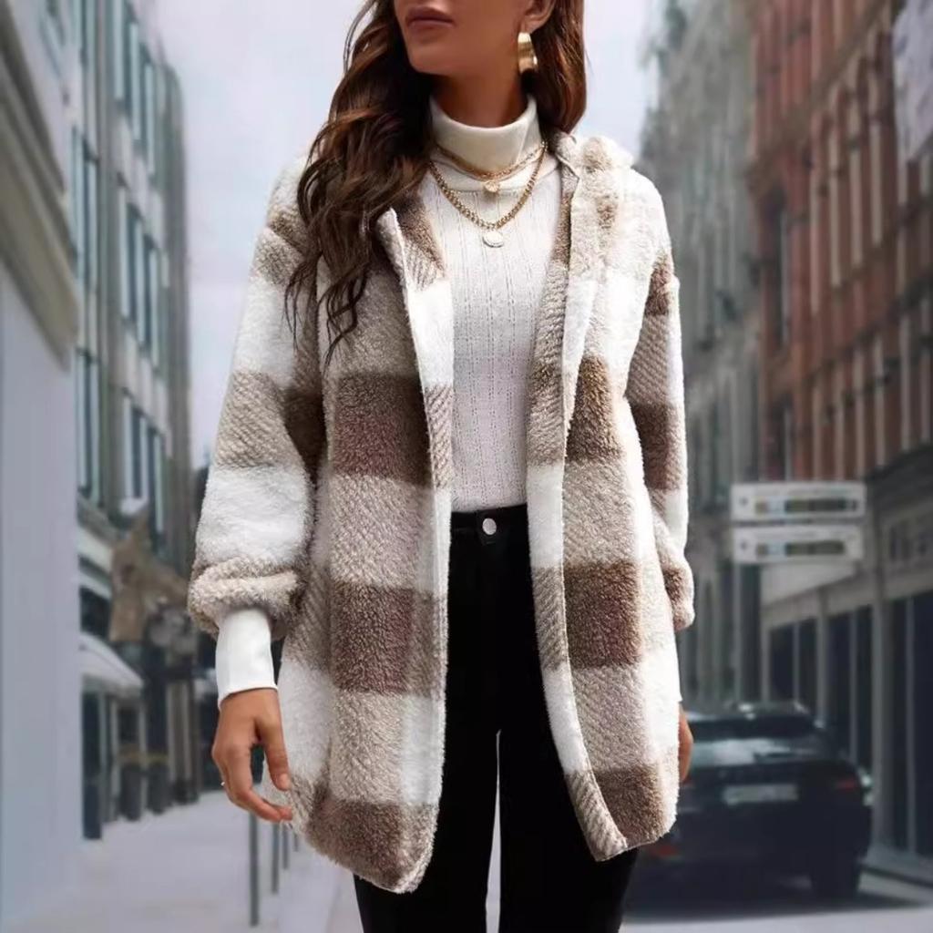 Women's Autumn and Winter Hooded Plaid Warm Top, Mid To Long Plush Cardigan Jacket