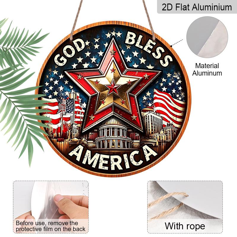 2D Flat Retro Round Aluminum Wall Hanging, Independence Day Five-pointed Star Design, Indoor Outdoor Wall Decor, Home Commemorative Gift