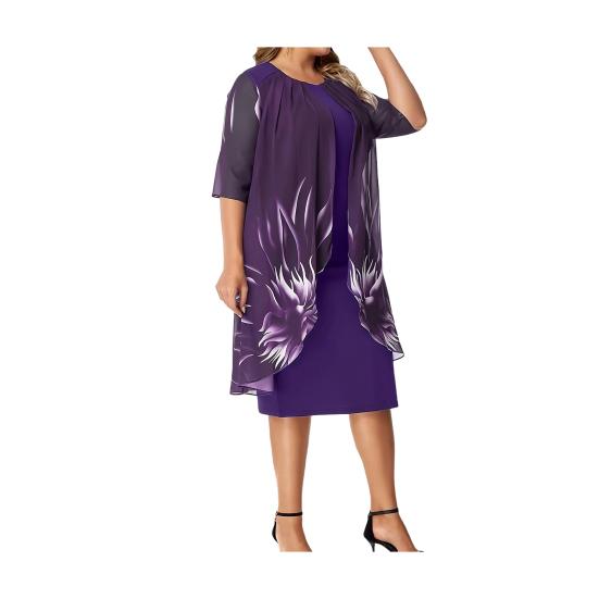 Women Dress Round Neck Half Sleeve Printing Shawl Design Plus Size Dress Loose Hem Slimming Casual Dress Office Party Wear