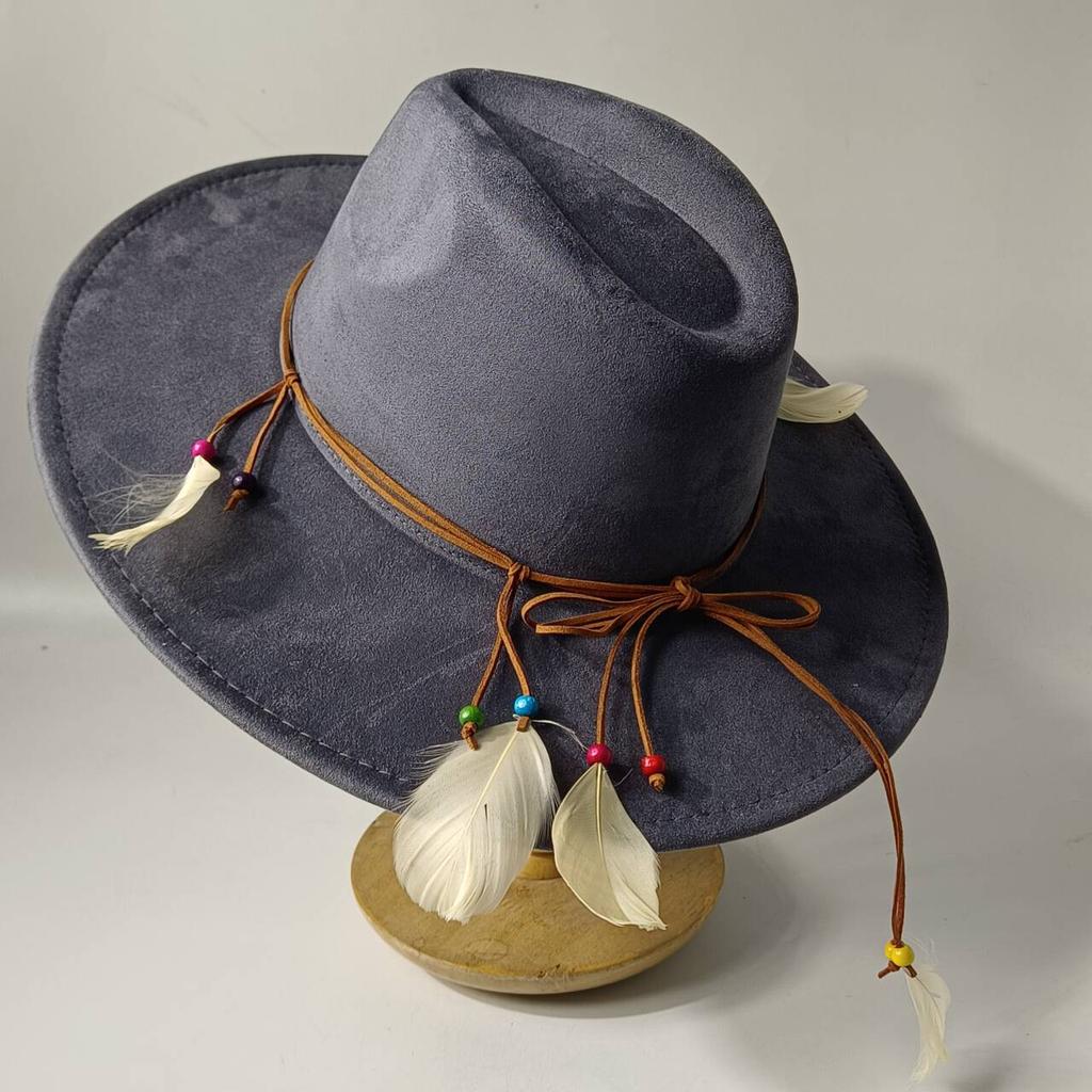 2026Bohemian style suede hat, brim 9.5 cm fedora with feather accessories, classic church hat, wide brim hat, women's hat