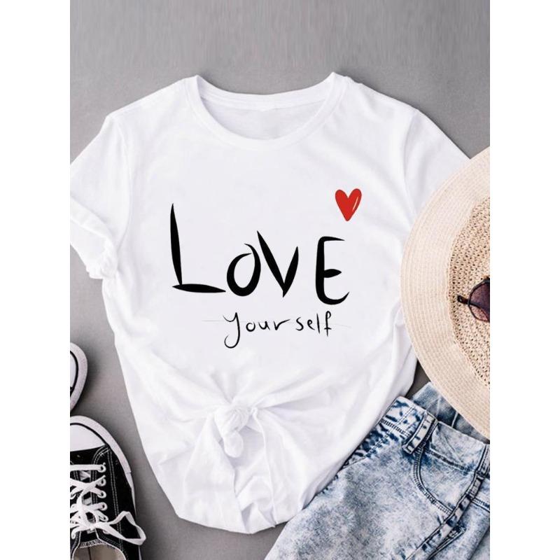 (European Size) Sweet Love Heart Women Tee Top Style Trend Cute Clothing Casual Short Sleeve Fashion Print Lady Tshirt Female Graphic T-shirts