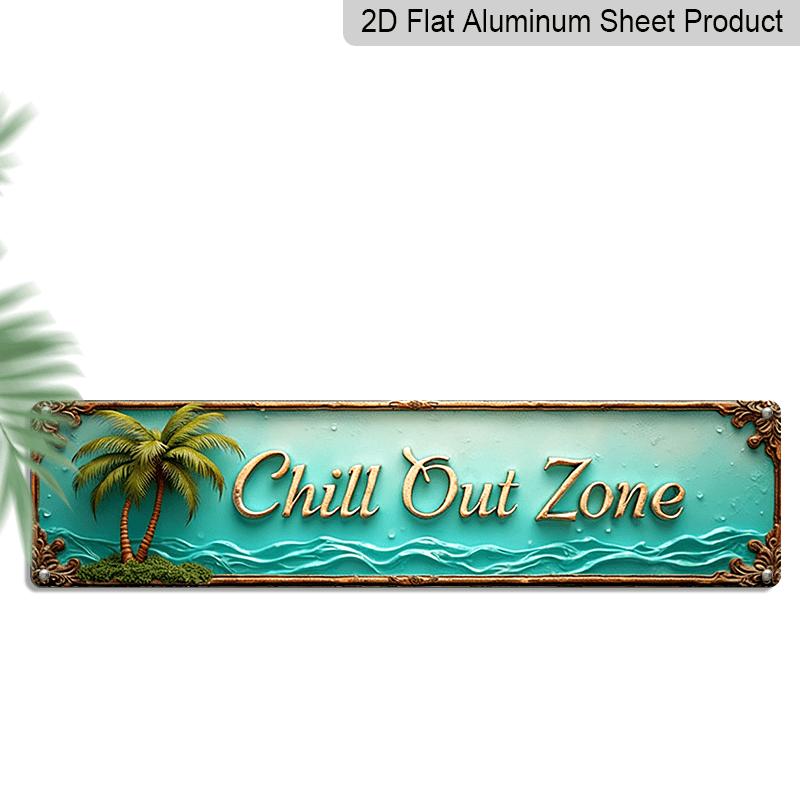 

Двумерный Плоский, Винтажный Бирюзовый Металлический Настенный Знак CHILL OUT ZONE - Бирюзовый и Золотой Ретро Дизайн с Пальмой и Волной, Алюминиевый Декоративный Знак с 40cm x 10cm