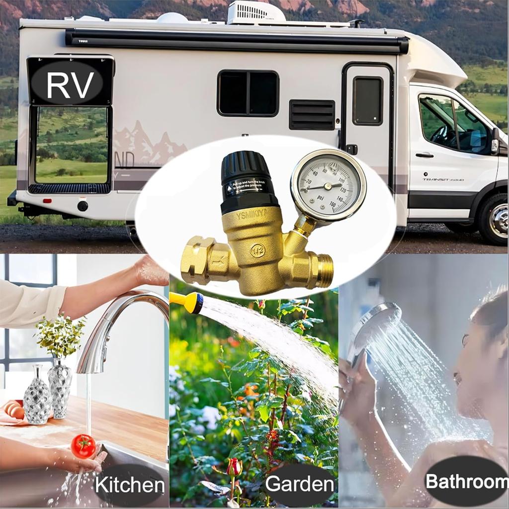 RV Water Pressure Regulator Valve With Handle Adjustable, Silicone Oil Gauge, Double Filters,Made Of Leadless Brass,0-160 PSI Gauge,3/4" Connector