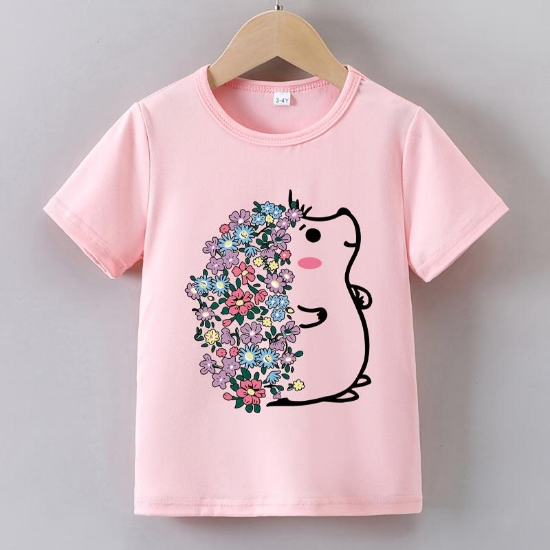 Girls' Summer Short-Sleeve Cartoon 'Flower Hedgehog' Print T-Shirt