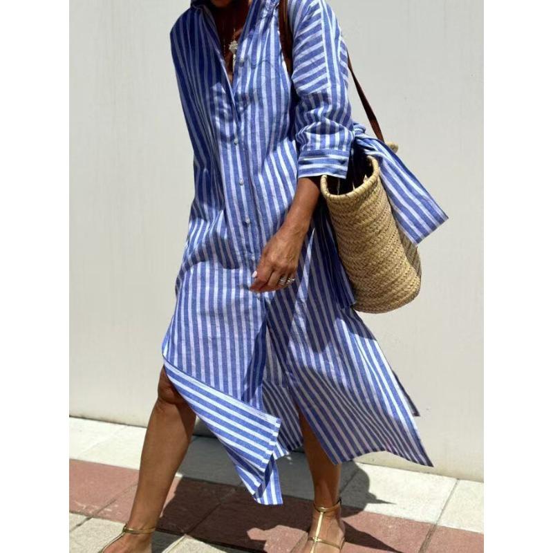 

Новый женский кардиган в полоску с пятью рукавами и платьем-рубашкой с лацканами XXXL