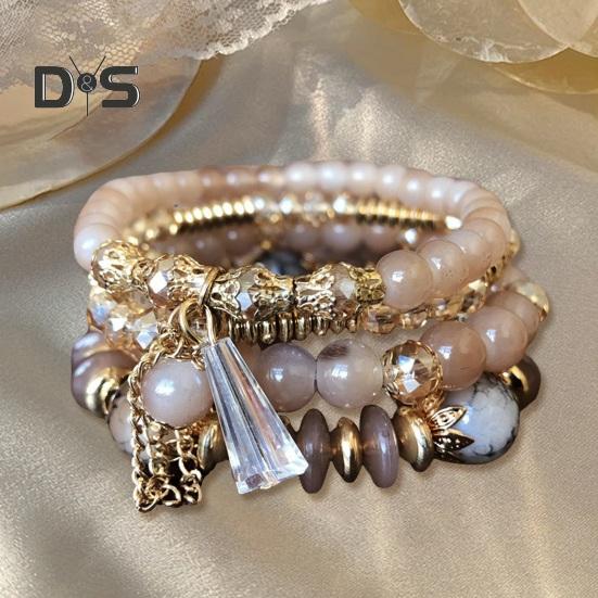 5-teiliges Damen-Armbandset mit Kunstkristallen, glatt, mit mehreren Anhängern, Schmuck im Retro-Boho-Stil mit elastischer Kordel, mehrlagiges stapelbares Armbandset