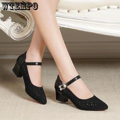 Damen-Pumps mit Strasssteinen, einzelne Pumps, Damen, elegant, Mesh, hohl, atmungsaktiv, weiche Sohle, dicker mittelhoher Absatz, Sandalen, Slipper