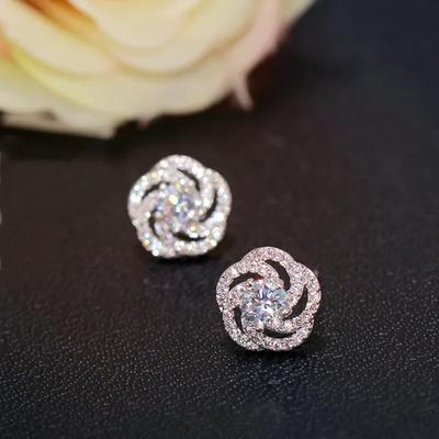 New Arrival Jewelry Female 925 Silver Needle Twist Rose Flower Zircon Crystal Stud Earrings for Women Brincos Pendientes