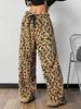 Women Leopard Print Wide Leg Pants Elastic Waist Drawstring Casual Loose Long Trousers