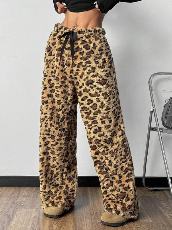 Women Leopard Print Wide Leg Pants Elastic Waist Drawstring Casual Loose Long Trousers