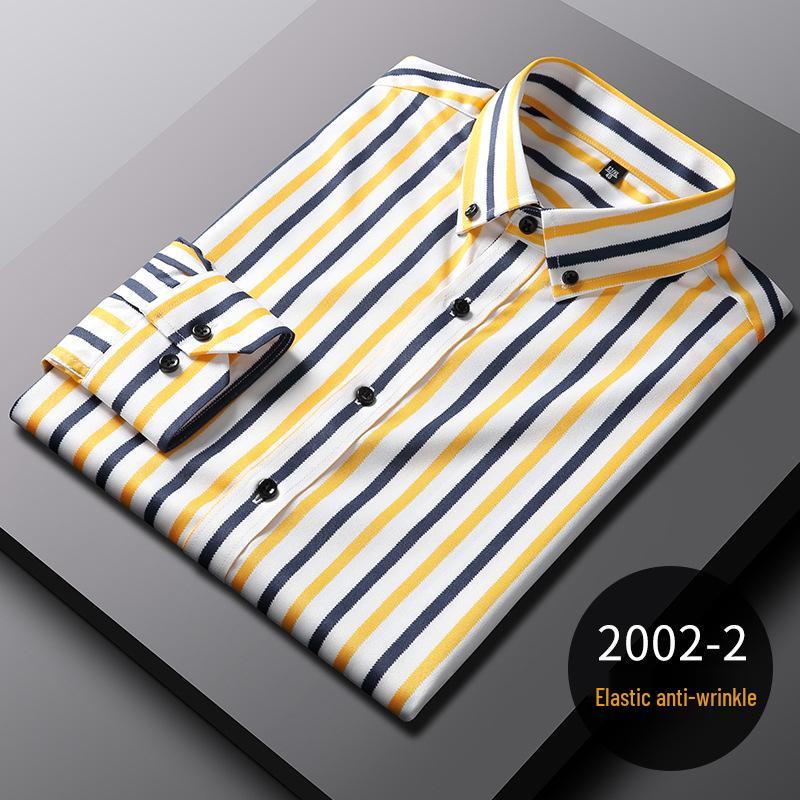 Men's Spring Easy-Care Striped Long Sleeve Stretch Slim Fit Shirt - Iron-Free Business Wear