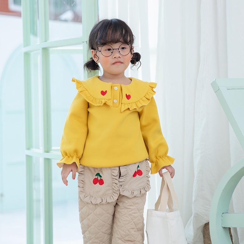 2022 Autumn/Winter Heart Embroidery Velvet Children's T-shirt with Sweet Big Lapel