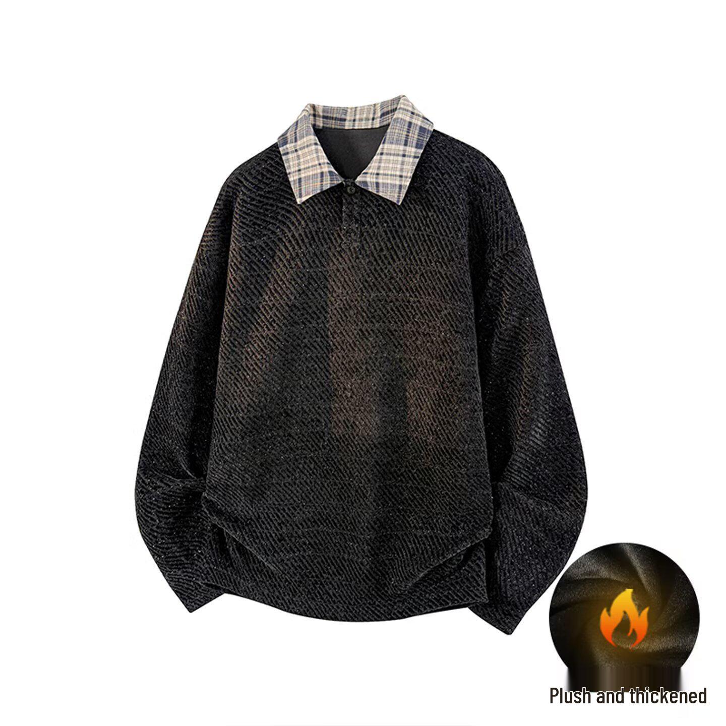 

Men s Korean Style Knit Hoodie with Velvet, Two-Piece Look, and Shirt Collar for Autumn/Winter M