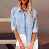 Womens Relaxed Fit Long Sleeve Shirt With 3D Digital Print Plaid Casual Cotton Linen Blouse