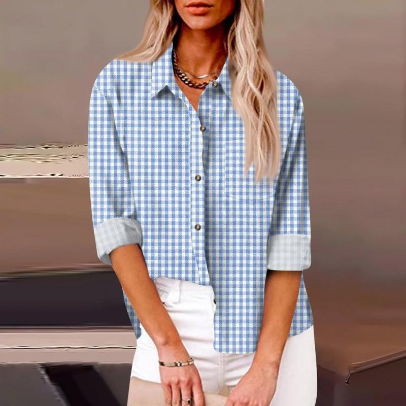 Womens Relaxed Fit Long Sleeve Shirt With 3D Digital Print Plaid Casual Cotton Linen Blouse