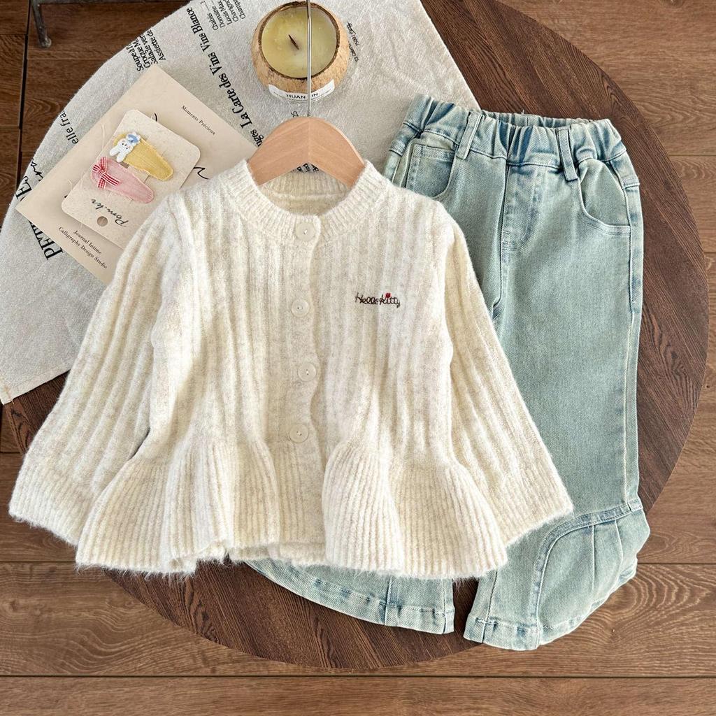 Korean Girls' Cute Cartoon Cardigan & Flared Jeans Set for Autumn