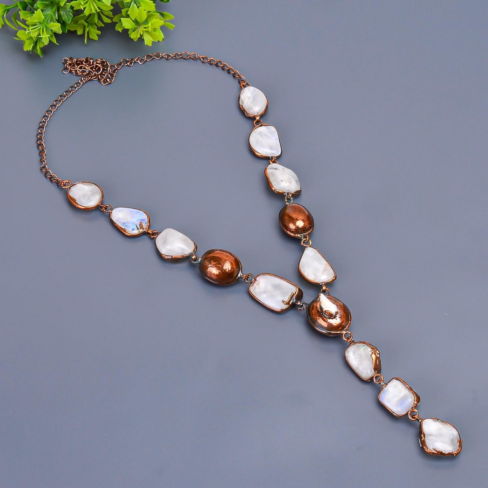 

Crown Chakra Rainbow Moonstone Gemstone Copper Chain Engagement Necklace Jewelry V-18