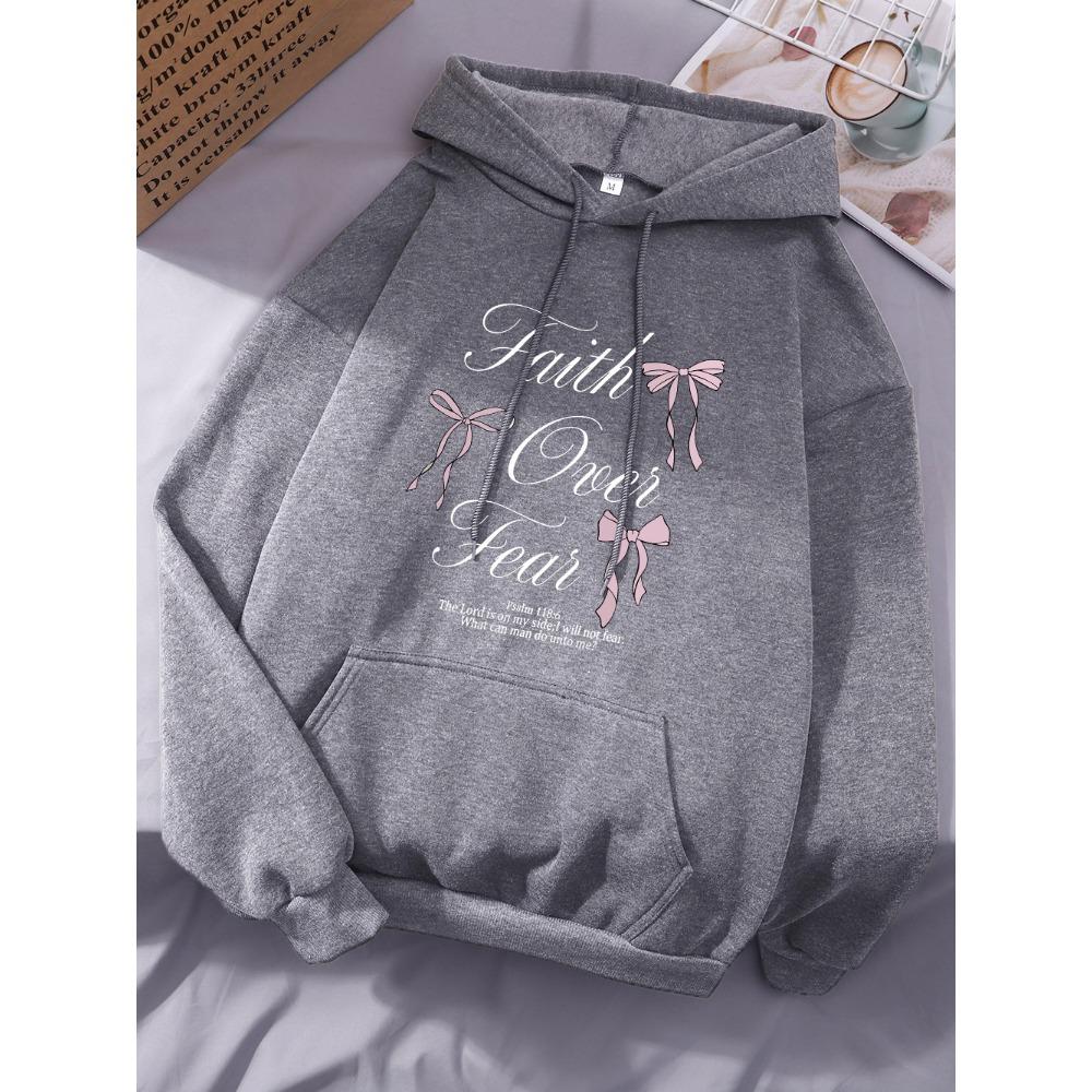 

Pink Bow Faith Over Fear Printing Hoodies Women Winter Warm Hooded Fashion Pocket Tops Casual Sweatshirt Harajuku Unisex XL