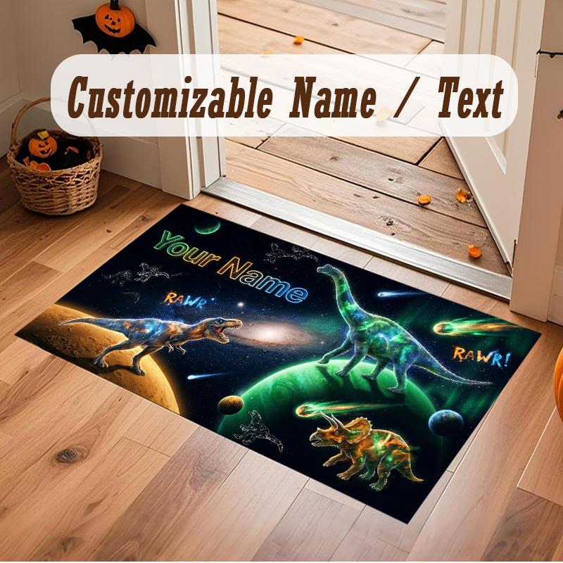 Dinosaur Theme Soft Crystal Velvet Rug Custom Name & Text Print Non Slip Floor Rug for Bedroom Living Room