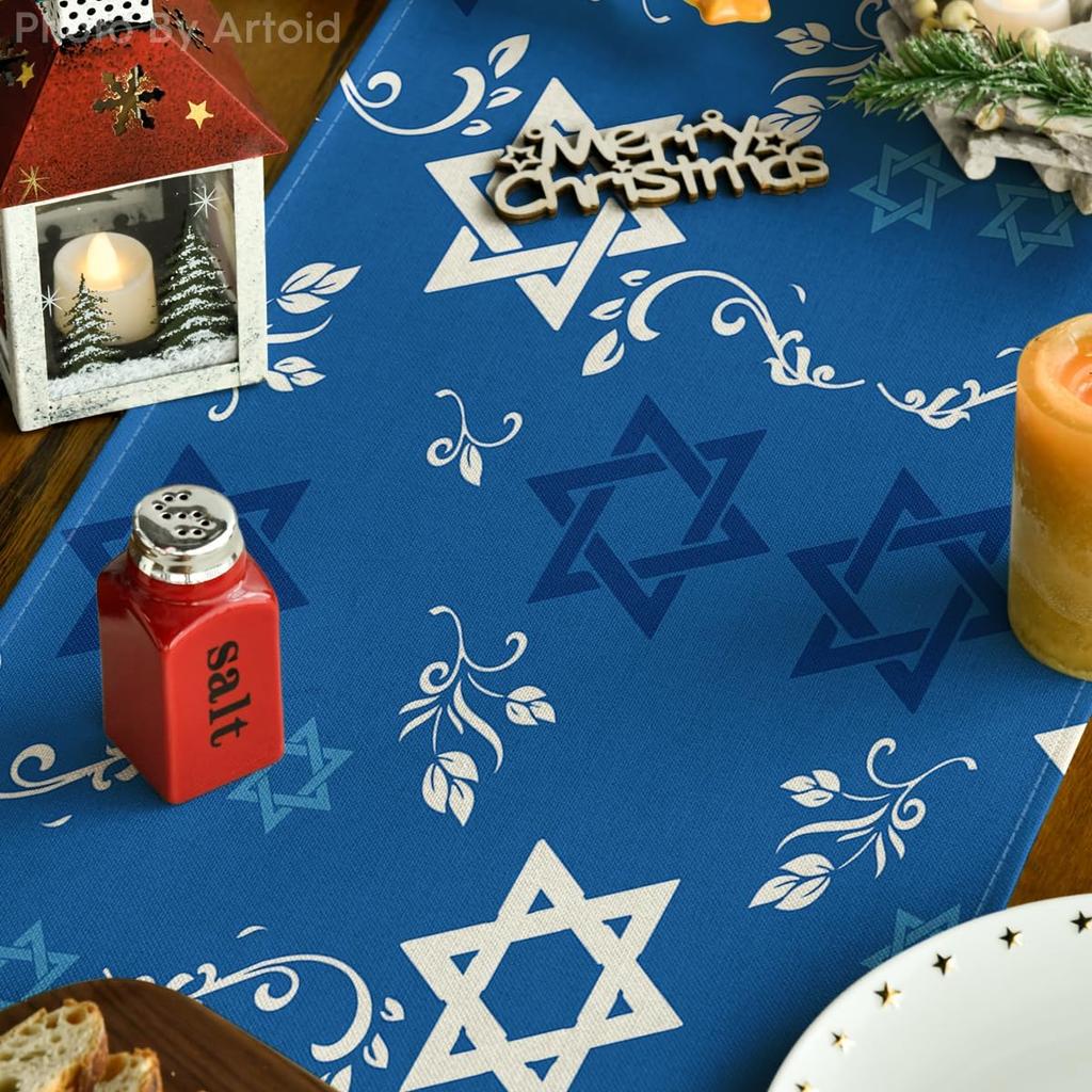 Artoid Mode Blue Hexagram Hanukkah Table Runner, Star of David Je Menorah Passover Holiday Kitchen Dining Table Decoration for Indoor Outdoor Home