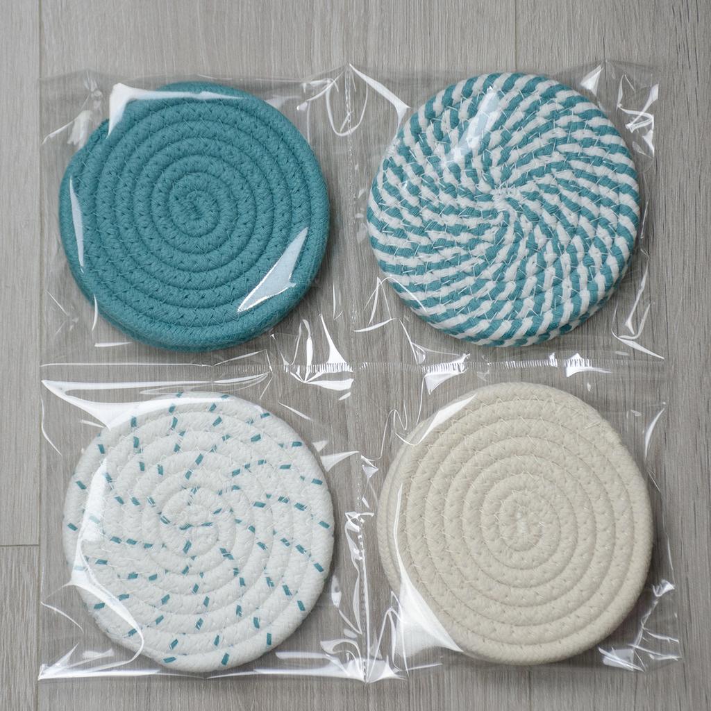 4PCS Hand Woven Circular Cotton Dining Table Placemat Coaster Kitchen Accessories Mat Cup Solid Color Coffee Drink Pad