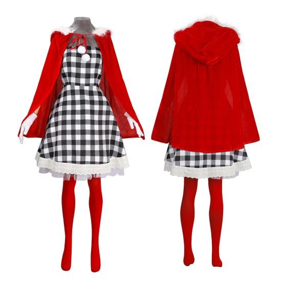 Weihnachtskostüm für Frauen Mädchen Kariertes Kleid mit rotem Samtumhang Strümpfe Handschuhe Set Weihnachtself Cosplay Outfit