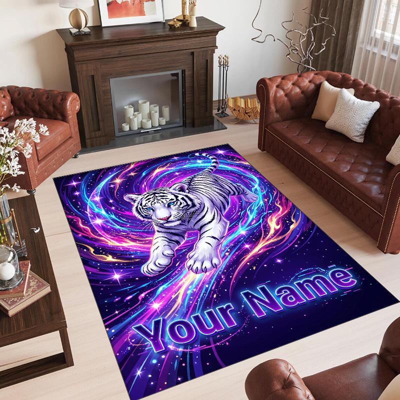 Lion Tiger Theme Crystal Velvet Rug Personalized Custom Name Text Soft Floor Mat Home Decor