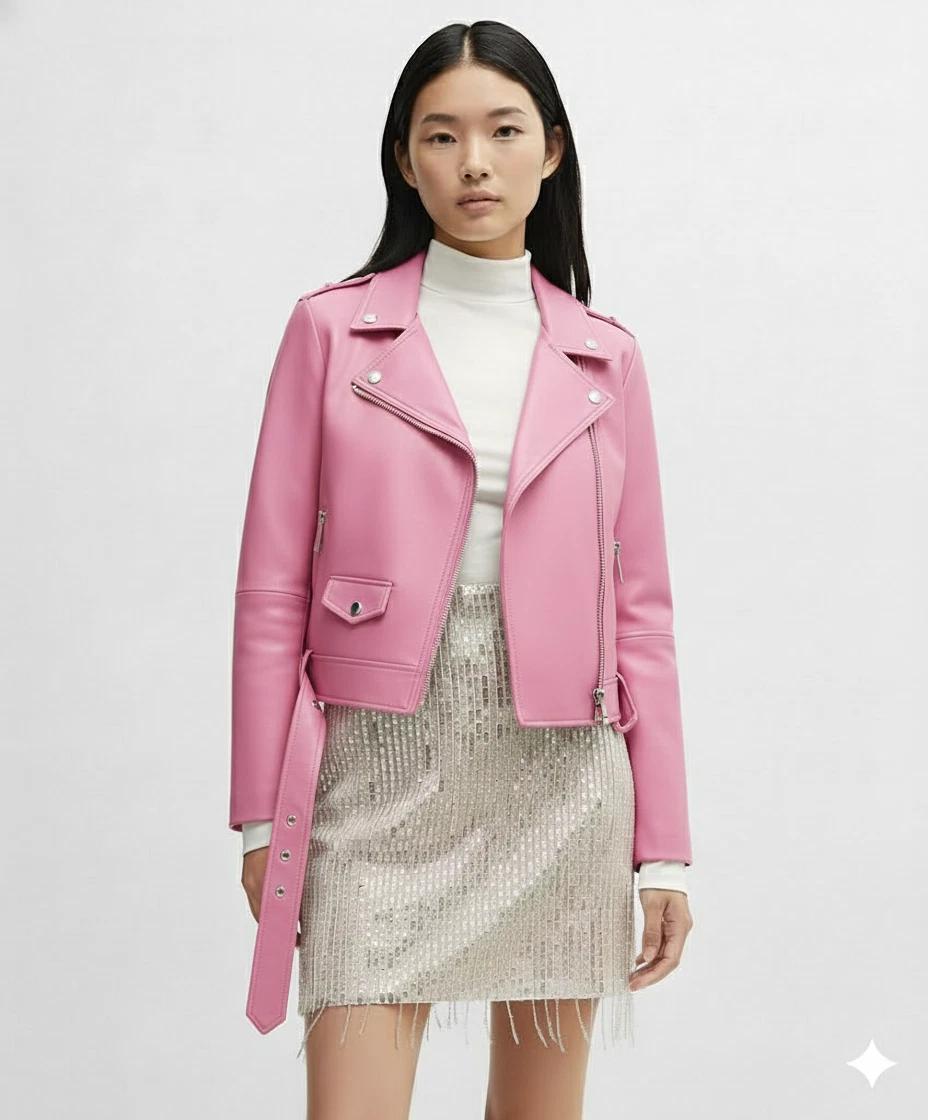 

Women s Stylish Pink Leather Handmade Motorcycle Casual Lambskin Genuine Jacket 3XL рожевий