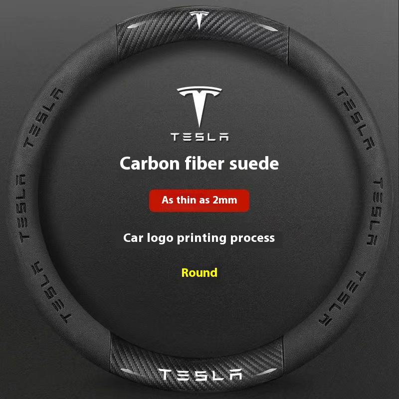 For Tesla Model 3 Model Y Model S Model X Roadster Carbon Fiber Suede Leather Anti-slip Car Steering Wheel Cover Accessories