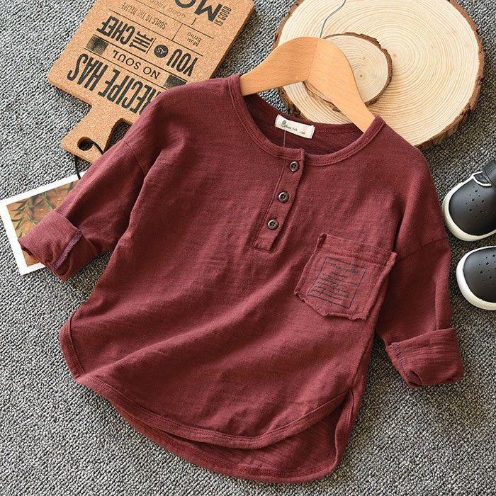 Boy Button Cotton Long-sleeve T-shirts Solid Color Spring Autumn Letters Pocket Children's Bottoming Shirts 2-12 Year Boys Tops