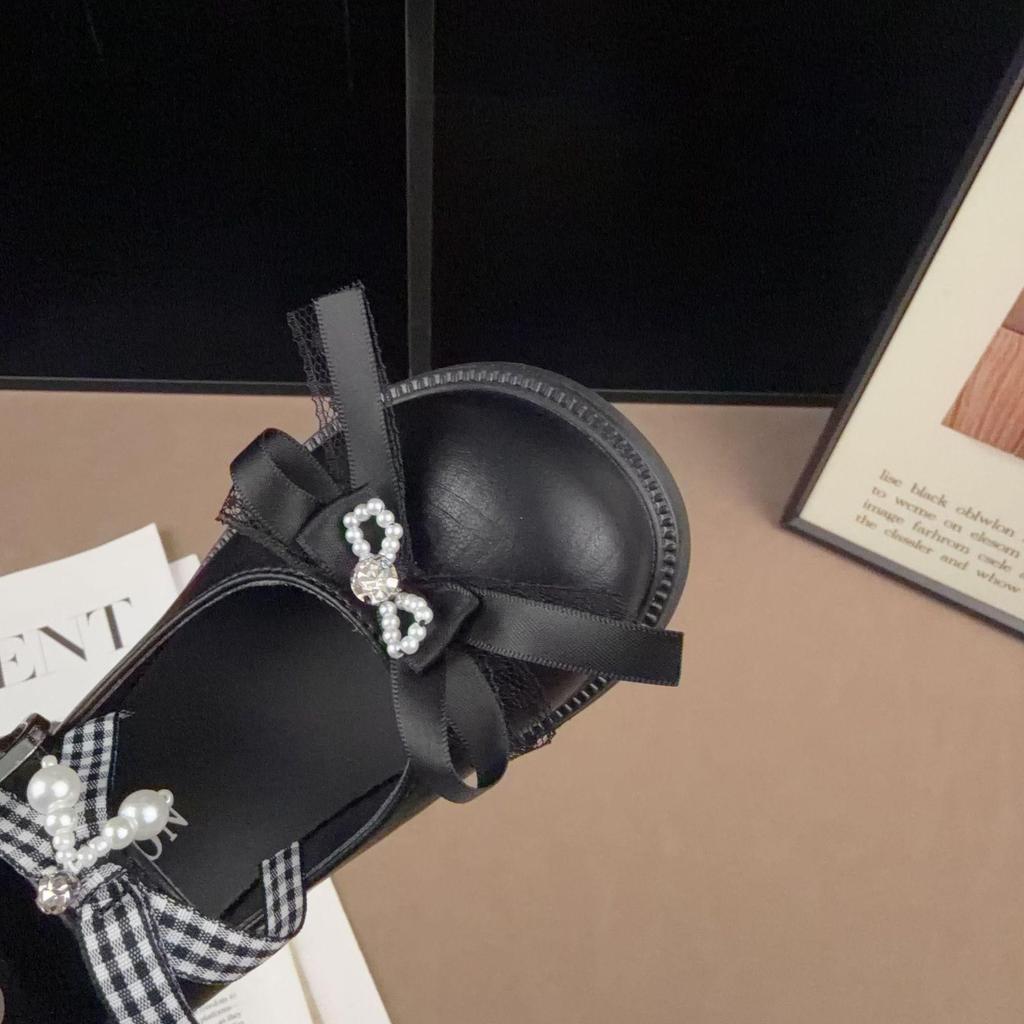 Retro-Prinzessinnenschuhe aus Leder mit Schleife und Strasssteinen – rutschfest, flacher Schaft, koreanischer Stil für Frühling/Herbst 2026